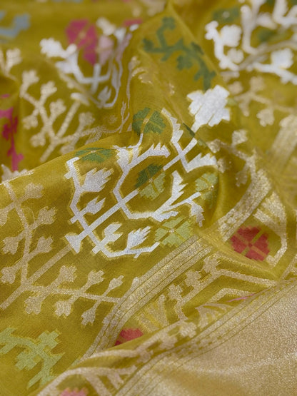 Yellow Banarasi Kora Jamdani Silk Handwoven saree