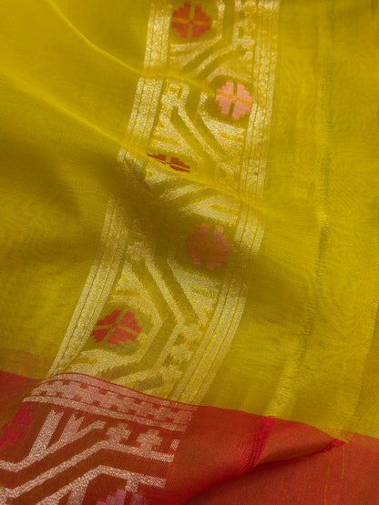 Yellow Banarasi Kora Jamdani Silk Handwoven saree