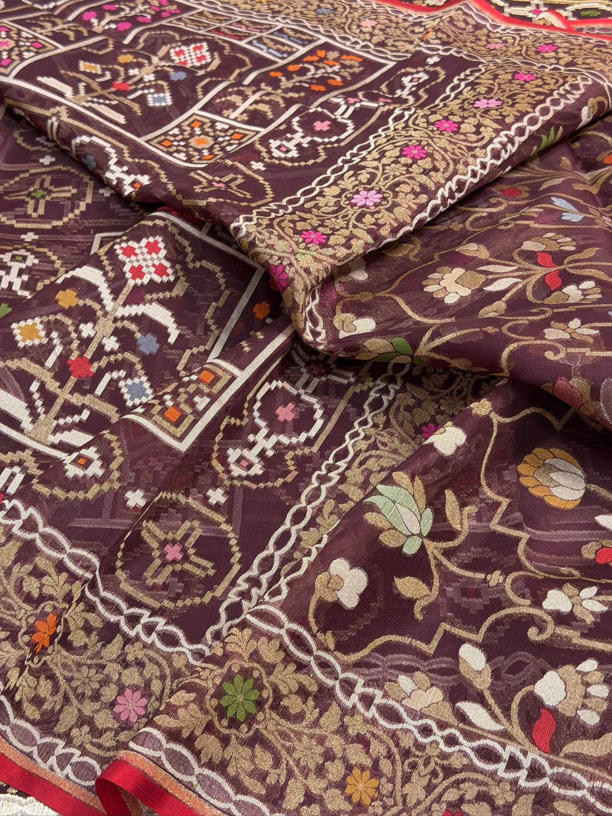 Wine Banarasi Kora Jamdani Silk Handwoven saree