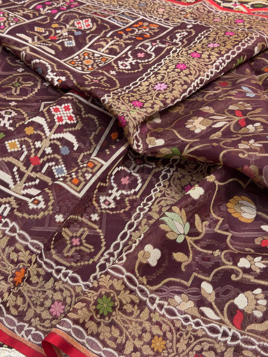 Wine Banarasi Kora Jamdani Silk Handwoven saree