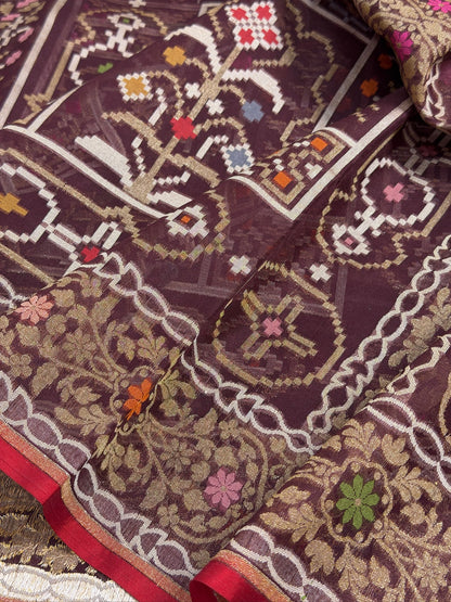 Wine Banarasi Kora Jamdani Silk Handwoven saree