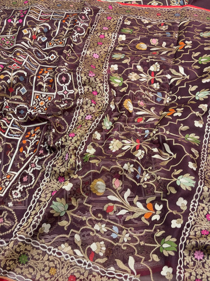 Wine Banarasi Kora Jamdani Silk Handwoven saree