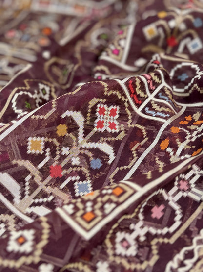 Wine Banarasi Kora Jamdani Silk Handwoven saree