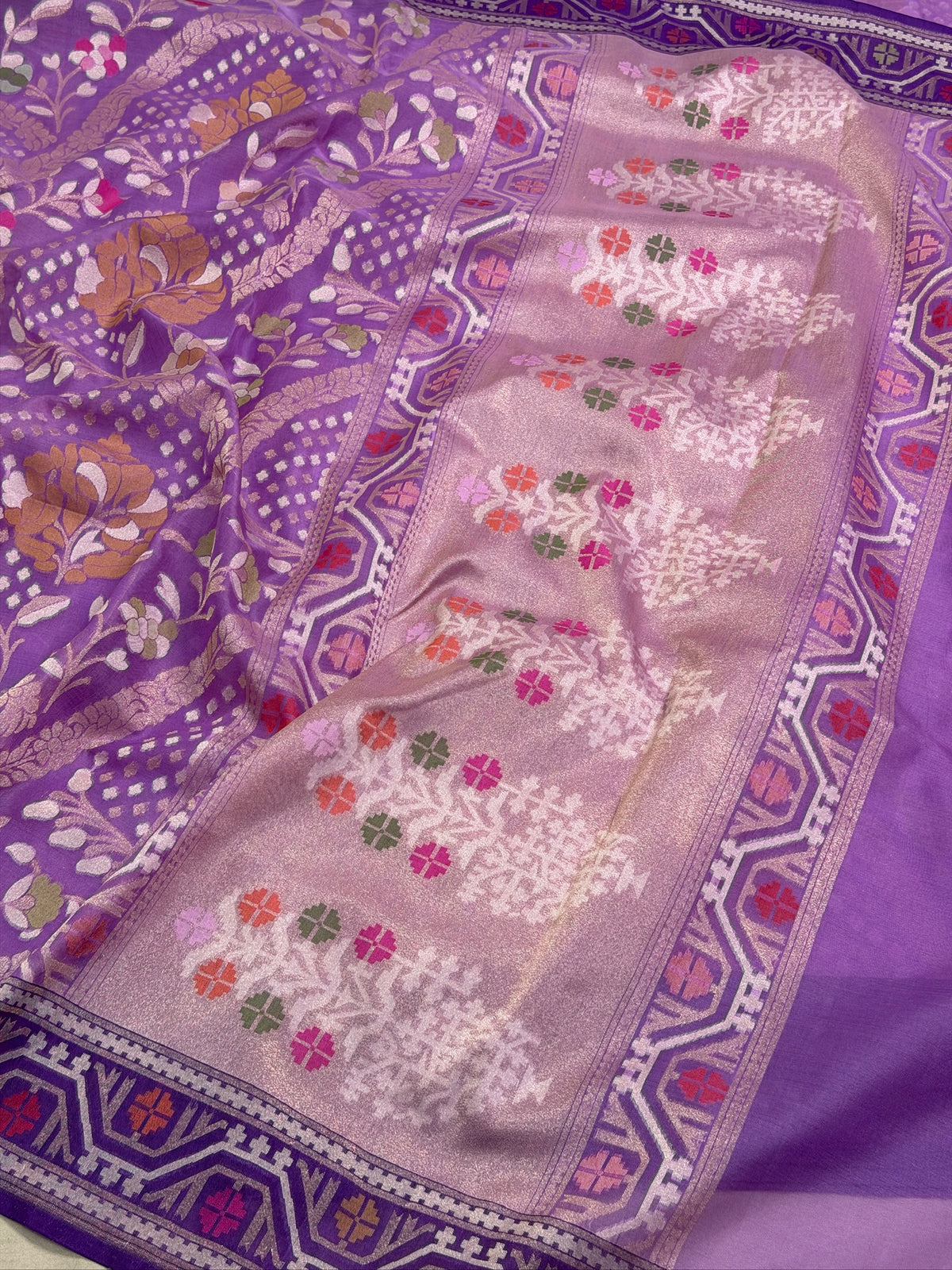 Lavender Banarasi Kora Jamdani Silk Handwoven saree