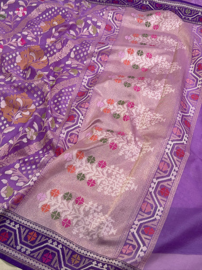 Lavender Banarasi Kora Jamdani Silk Handwoven saree