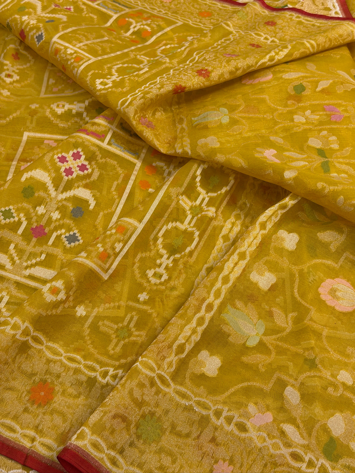 Musterd Yellow Banarasi Kora Jamdani Silk Handwoven saree