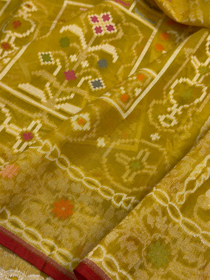 Musterd Yellow Banarasi Kora Jamdani Silk Handwoven saree