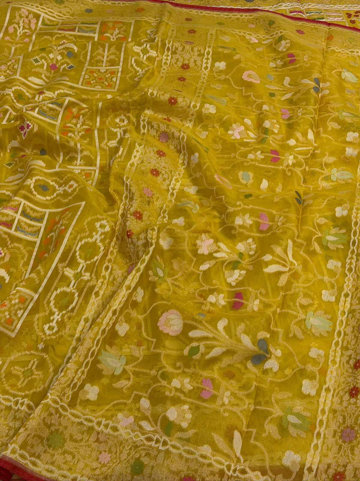 Musterd Yellow Banarasi Kora Jamdani Silk Handwoven saree