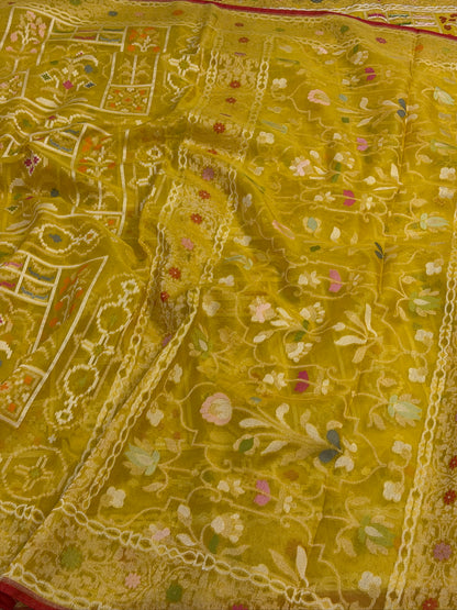Musterd Yellow Banarasi Kora Jamdani Silk Handwoven saree