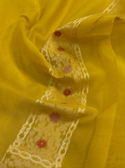 Musterd Yellow Banarasi Kora Jamdani Silk Handwoven saree
