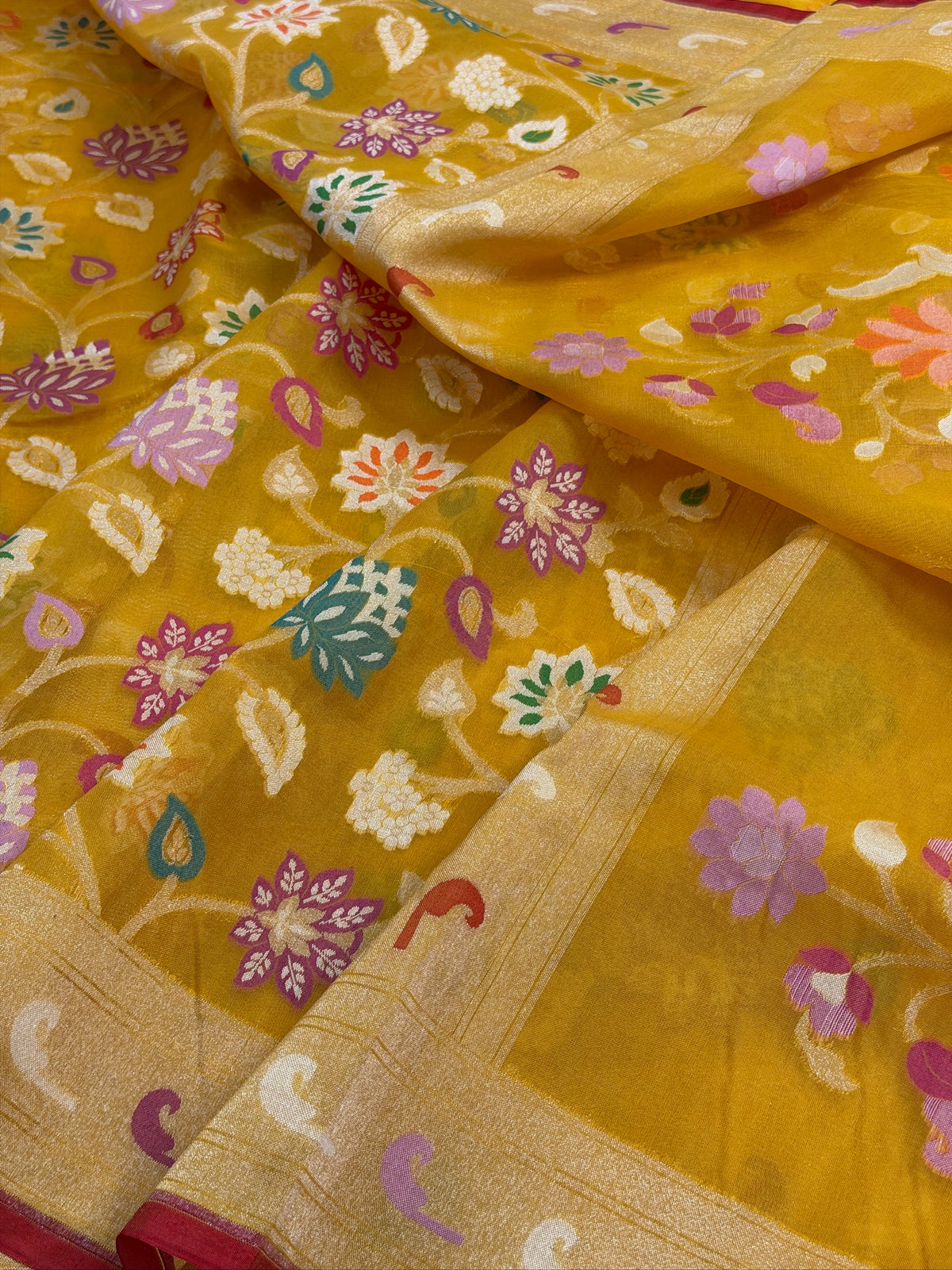 Musterd Yellow Banarasi Kora Jamdani Silk Handwoven saree