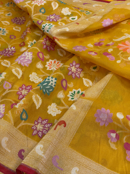 Musterd Yellow Banarasi Kora Jamdani Silk Handwoven saree