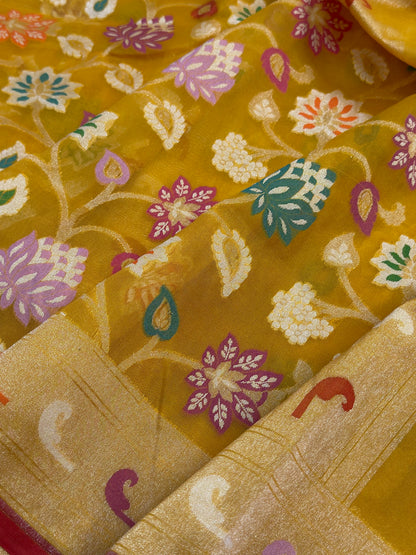 Musterd Yellow Banarasi Kora Jamdani Silk Handwoven saree
