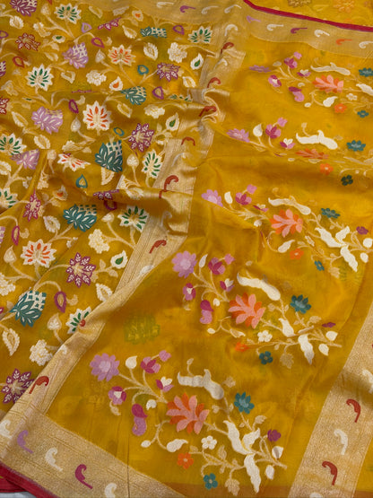 Musterd Yellow Banarasi Kora Jamdani Silk Handwoven saree