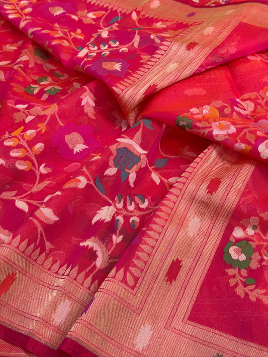 Rani Pink Banarasi Kora Jamdani Silk Handwoven saree