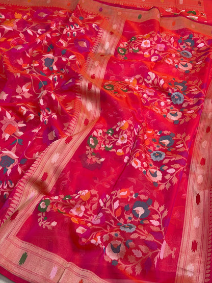 Rani Pink Banarasi Kora Jamdani Silk Handwoven saree