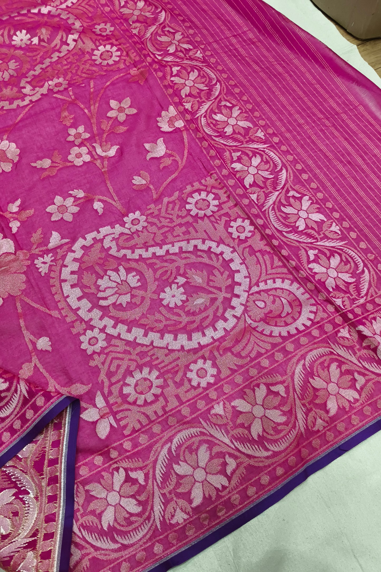 Royal Fuschia Pink Katan Silk Ektara Jamdani Banarasi Saree