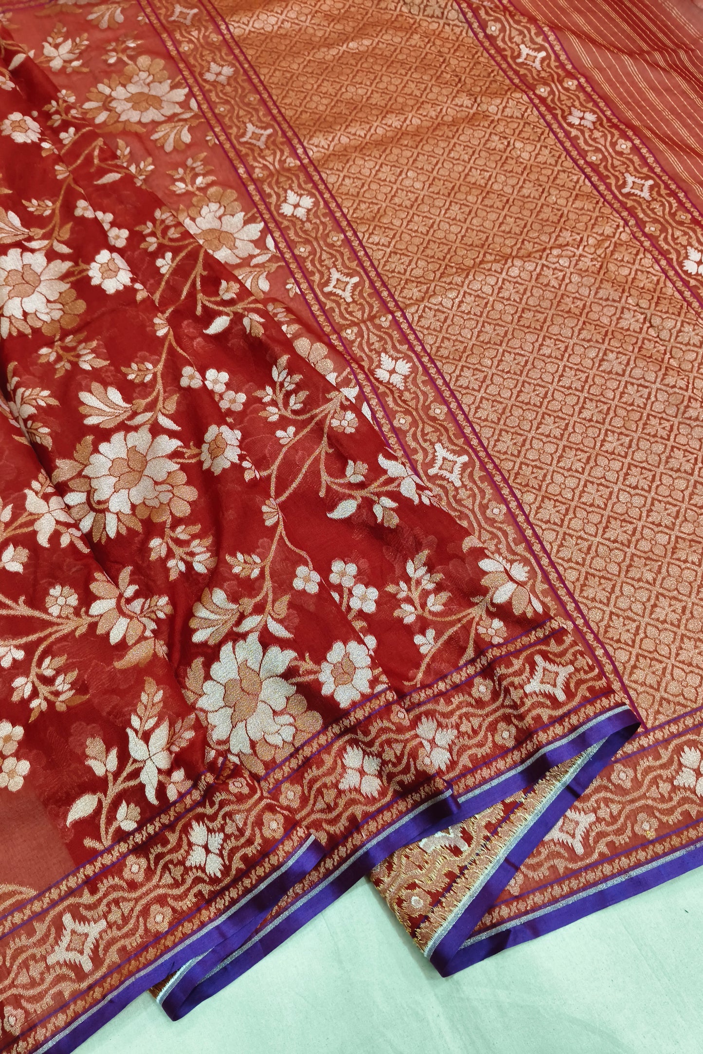 Dusty Red Pure Cotton Ektara Jamdani Banarasi Saree