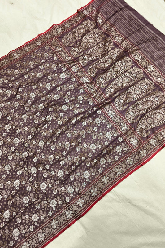 Purple Grey Pure Cotton Ektara Jaal Banarasi Saree