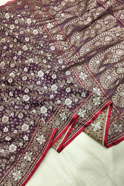 Purple Grey Pure Cotton Ektara Jaal Banarasi Saree