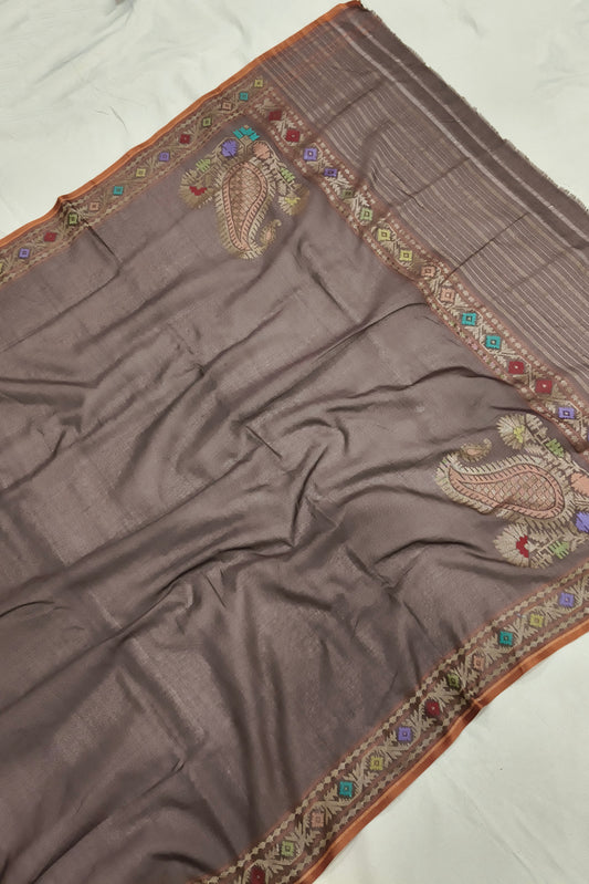 Brownish Grey Pure Cotton Ektara Jamdani Banarasi Saree