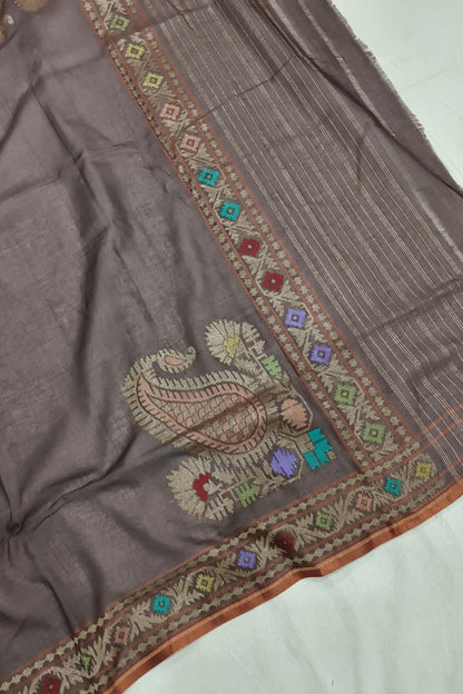 Brownish Grey Pure Cotton Ektara Jamdani Banarasi Saree