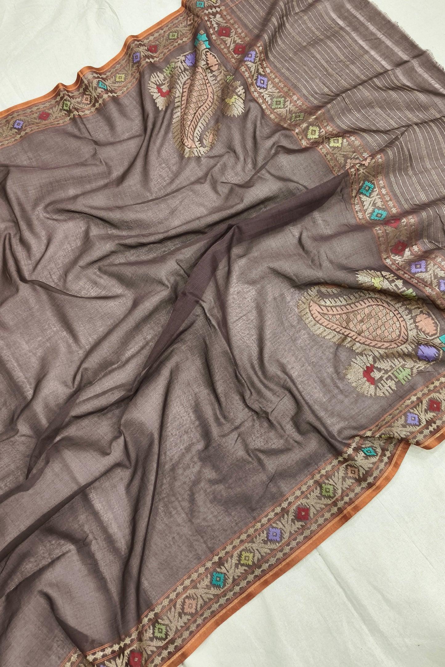 Brownish Grey Pure Cotton Ektara Jamdani Banarasi Saree