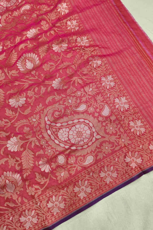 Dark Rose Red Pure Cotton Ektara Jamdani Banarasi Saree