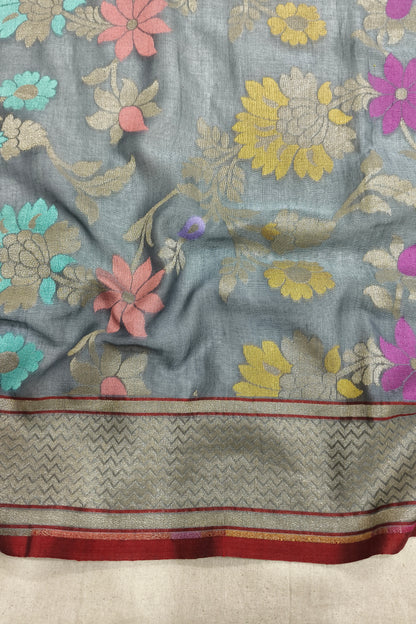 Smokey Grey Pure Cotton Ektara Jaal Banarasi Saree