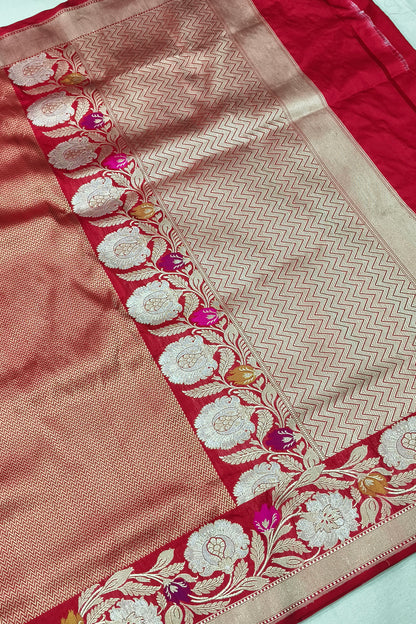 Pure Red Handwoven Katan Silk Tanchui Saree