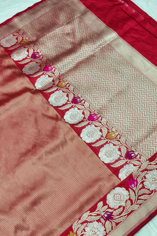 Pure Red Handwoven Katan Silk Tanchui Saree