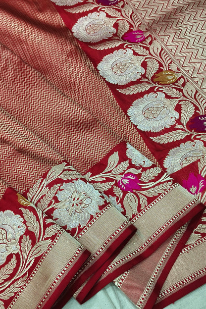 Pure Red Handwoven Katan Silk Tanchui Saree