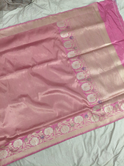 Pure Katan Silk Tanchui Saree in Light Pink