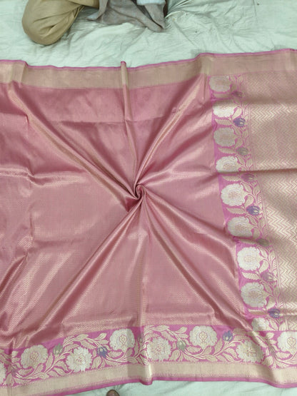 Pure Katan Silk Tanchui Saree in Light Pink