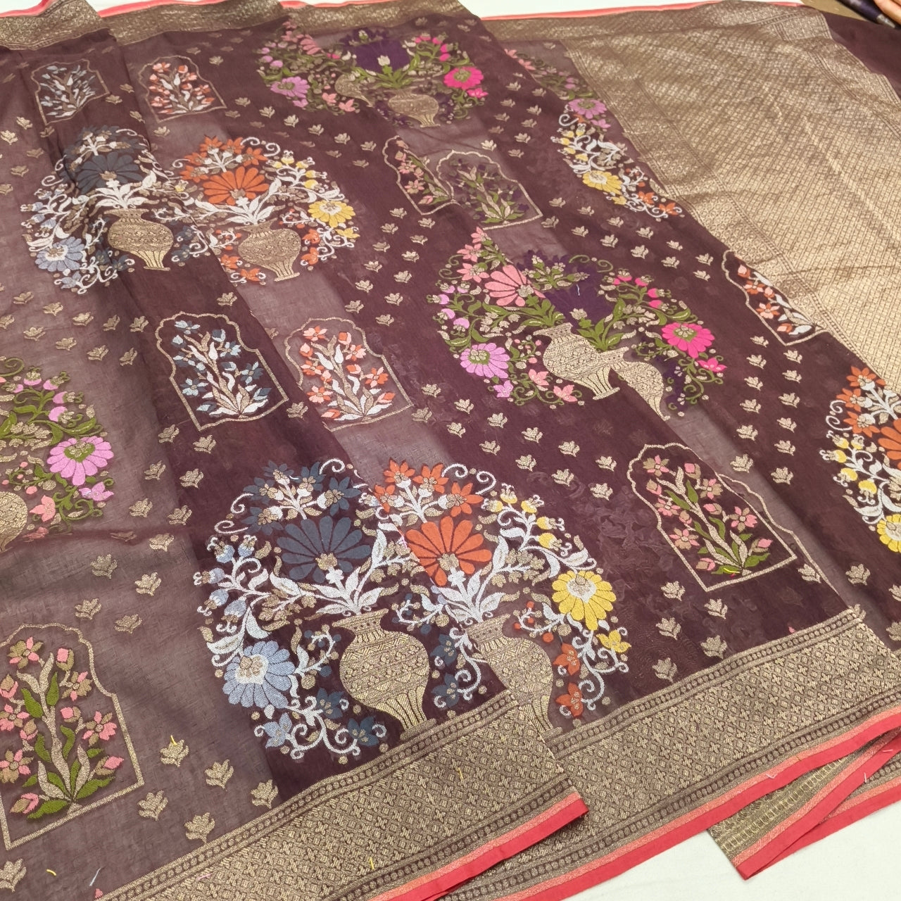 Pure Cotton Ektara Tilfi Jamdani Cutwork Banarasi Saree