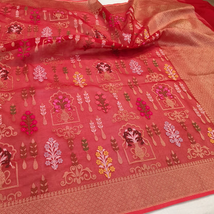 Pure Kora Silk Ektara Tilfi Cutwork Jamdani Banarasi Saree