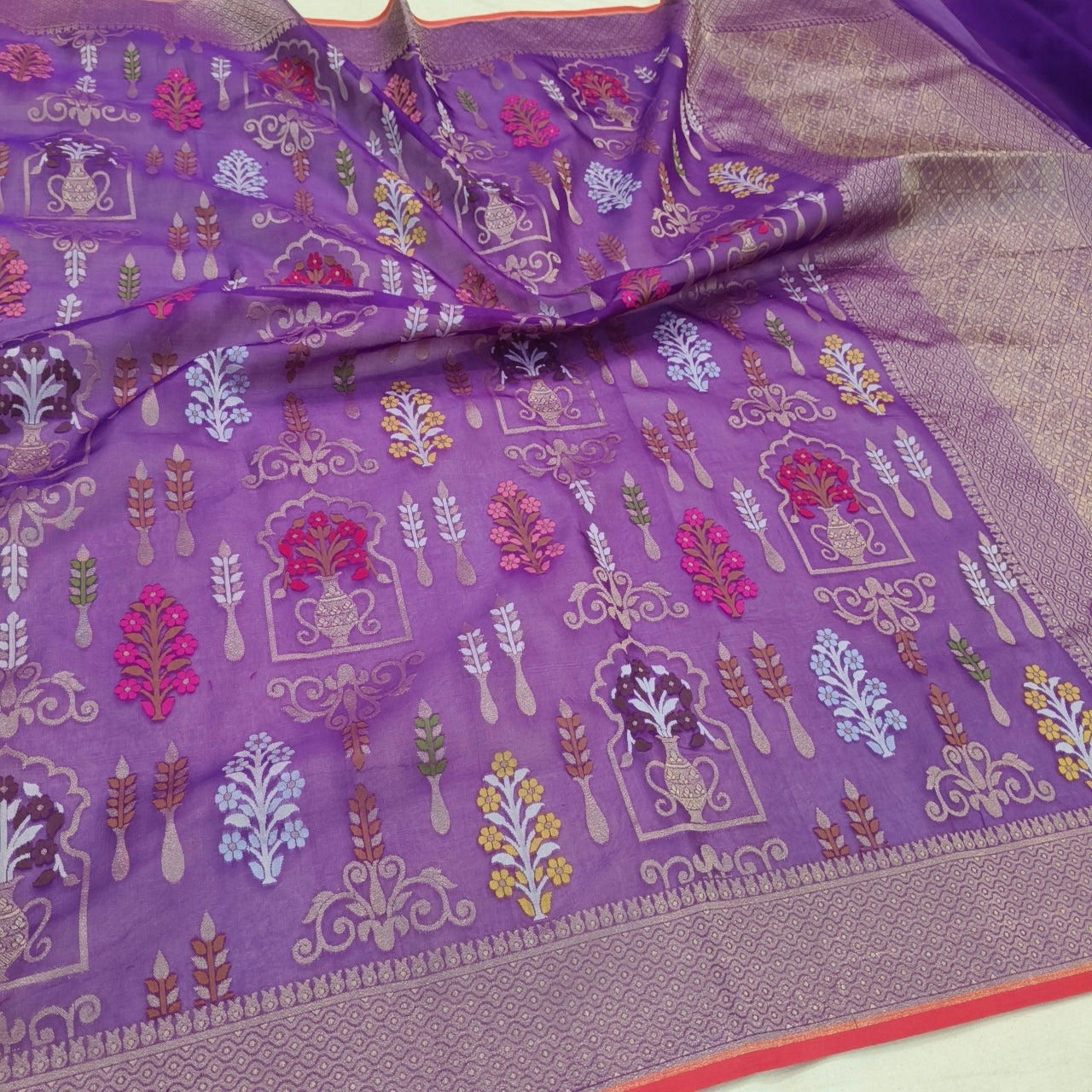 Pure Kora Silk Ektara Tilfi Cutwork Jamdani Banarasi Saree