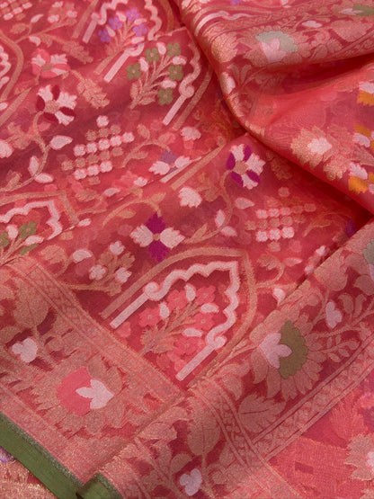 Pink Banarasi Kora Jamdani Silk Handwoven saree