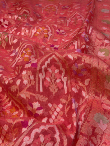Pink Banarasi Kora Jamdani Silk Handwoven saree