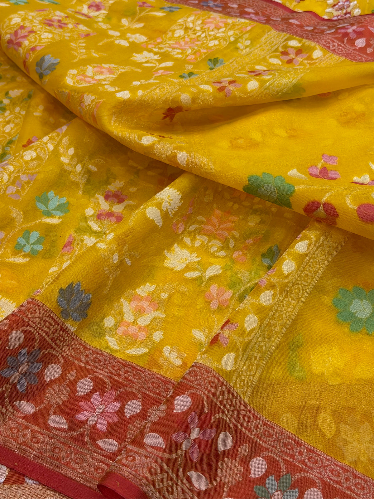 Yellow Banarasi Kora Jamdani Silk Handwoven saree