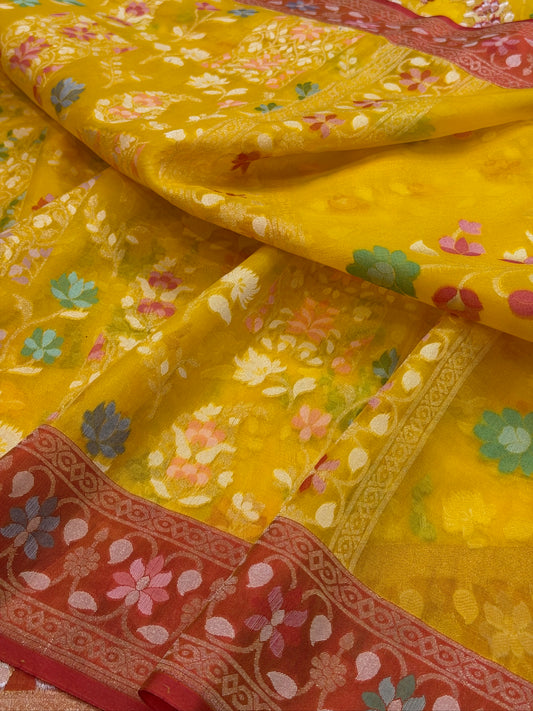 Yellow Banarasi Kora Jamdani Silk Handwoven saree