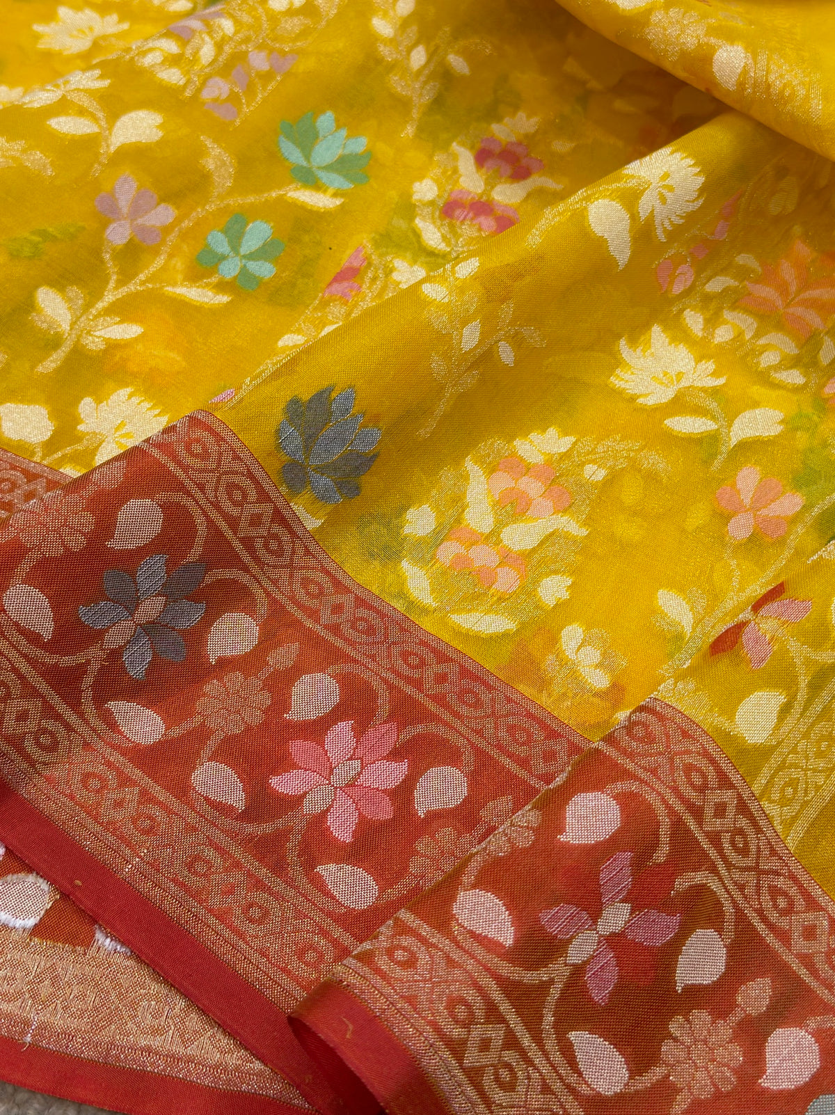 Yellow Banarasi Kora Jamdani Silk Handwoven saree