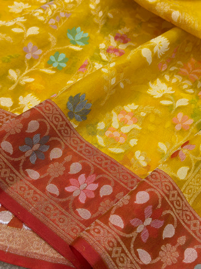 Yellow Banarasi Kora Jamdani Silk Handwoven saree