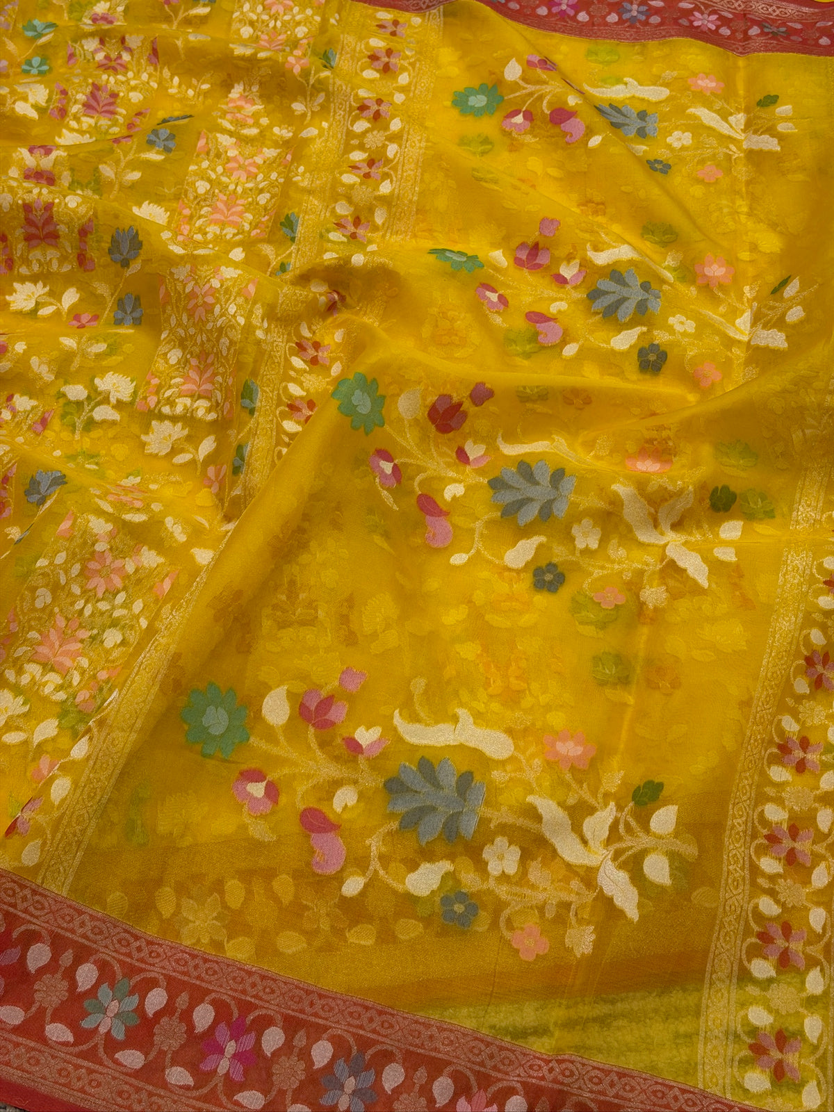 Yellow Banarasi Kora Jamdani Silk Handwoven saree