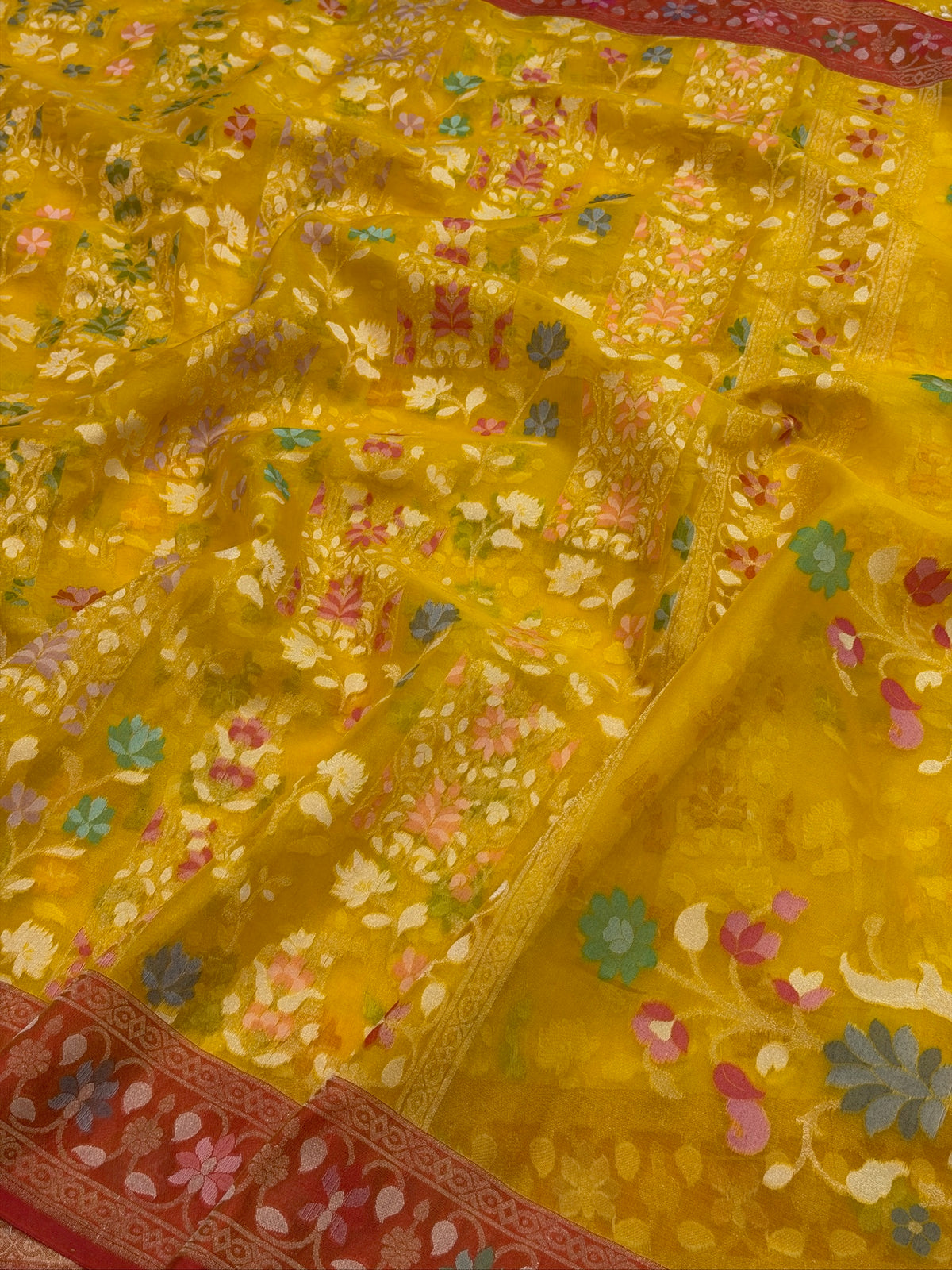 Yellow Banarasi Kora Jamdani Silk Handwoven saree
