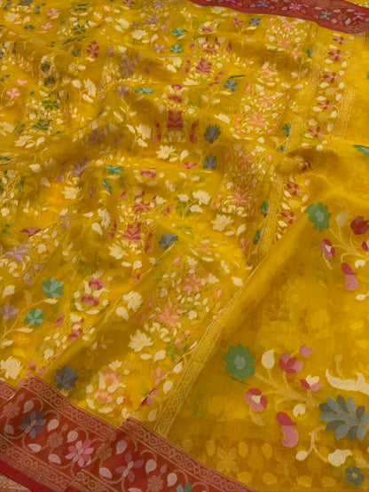 Yellow Banarasi Kora Jamdani Silk Handwoven saree