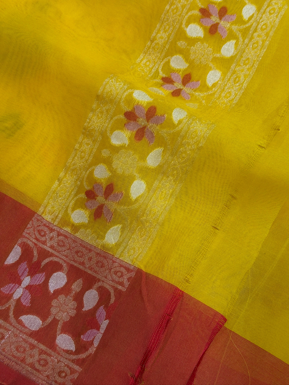 Yellow Banarasi Kora Jamdani Silk Handwoven saree