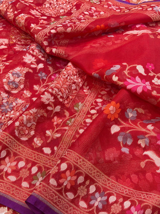 Red  Banarasi Kora Jamdani Silk Handwoven saree