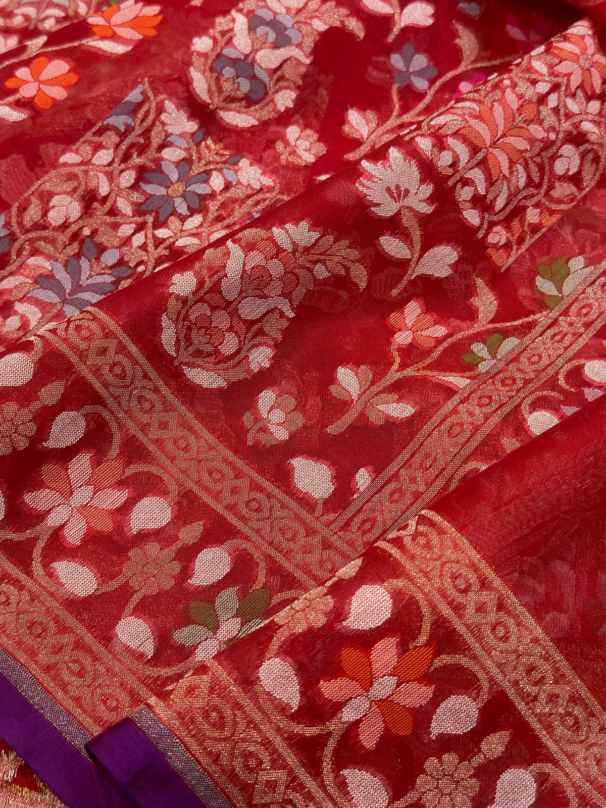 Red  Banarasi Kora Jamdani Silk Handwoven saree