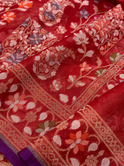Red  Banarasi Kora Jamdani Silk Handwoven saree